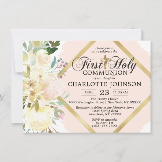 Invitation Sainte communion de fille rose florale d'aquarelle (Devant)