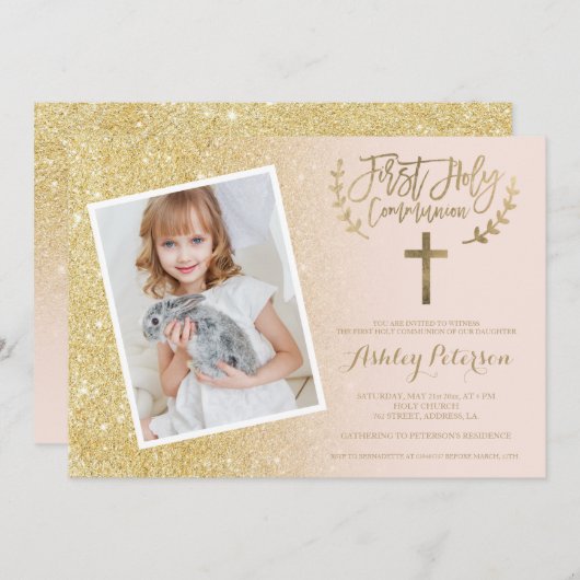 Invitation Sainte communion de photo de rose de croix de (Devant / Derrière)