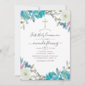 Invitation Sainte Communion florale bleu et turquoise (Devant)