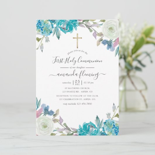 Invitation Sainte Communion florale bleu et turquoise (Debout devant)
