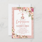 Invitation Sainte communion florale de fille d'or rose (Devant)