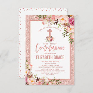 Invitation Sainte communion florale de fille d'or rose
