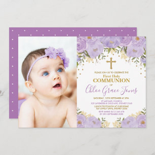 Invitation Sainte communion florale d'or pourpre de lavande