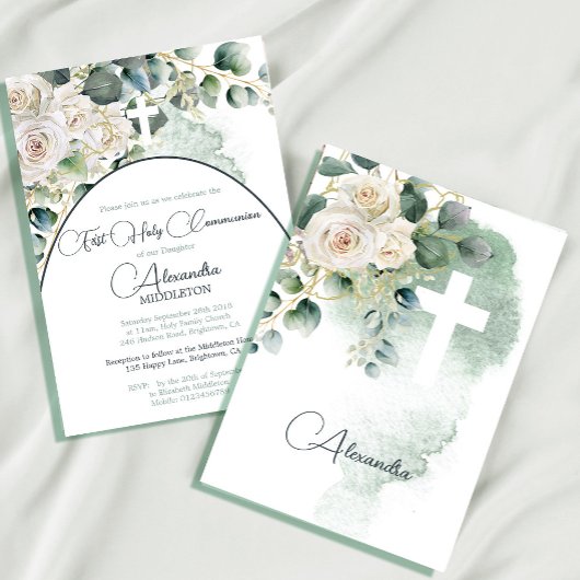 Invitation Sainte Communion Roses Croix religieuse verte