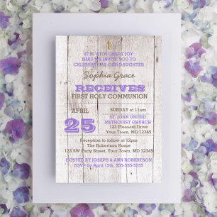 Invitation Sainte communion rustique lilas de lait de chaux