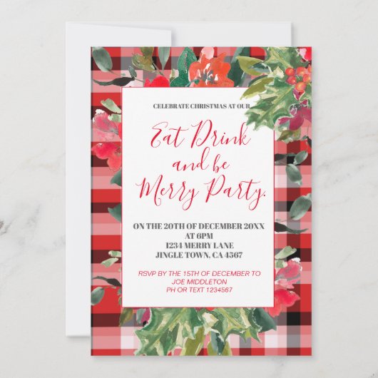 Invitation Saison de Noël Holly Wreath Red (Dos)