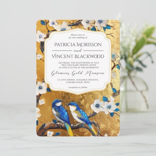 Invitation Sakura et Inséparables bleus sur le Mariage OR (Debout devant)