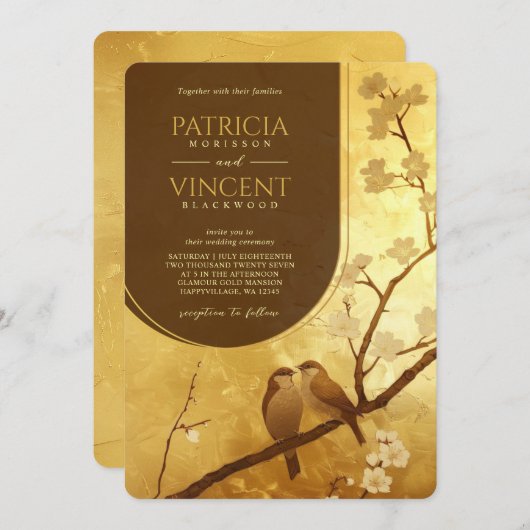 Invitation Sakura et Inséparables sur le Mariage OR (Devant / Derrière)