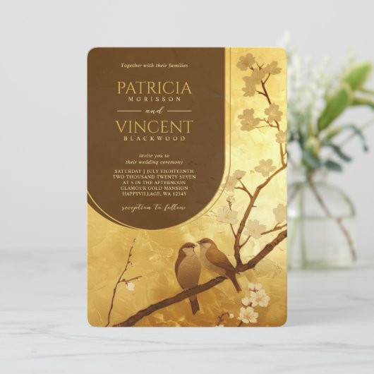 Invitation Sakura et Inséparables sur le Mariage OR (Debout devant)