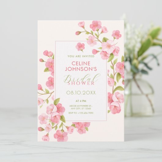 Invitation Sakura rose fleur fleur fleurie douche nuptiale (Debout devant)