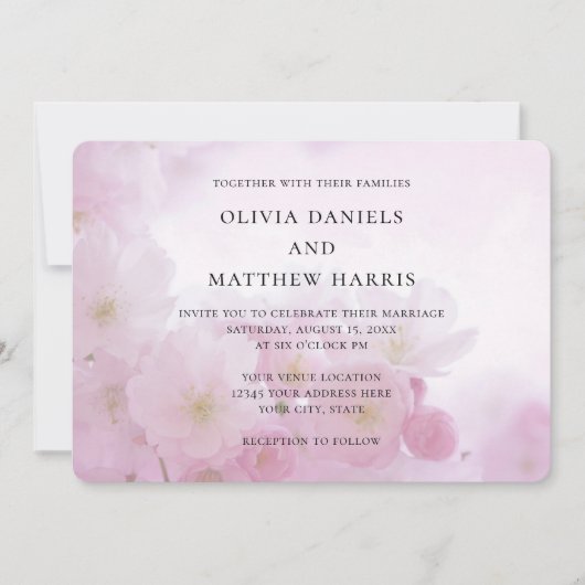 Invitation Sakura rose printemps, fleurs de cerisiers. Mariag (Devant)