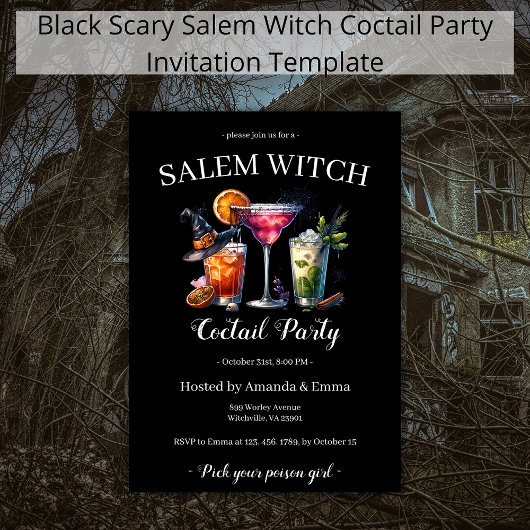 Invitation Salem Witch Scary Coctail Party Black Halloween