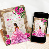 Invitation Salle de bal royale rose Fuschia Floral Quinceañer