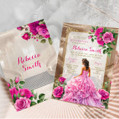 Invitation Salle de bal royale rose Fuschia Floral Quinceañer