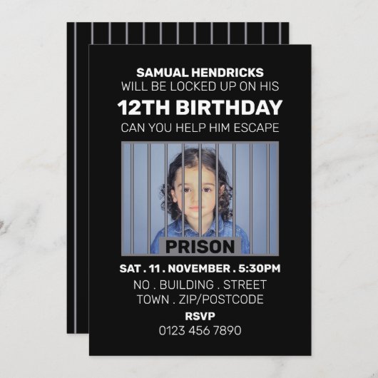 Invitation Salle d'évasion à thème de la prison, fête d'anniv (Devant / Derrière)