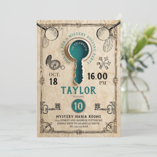 Invitation Salle d'évasion Turquoise rétro Mystère clé Résoud (Debout devant)