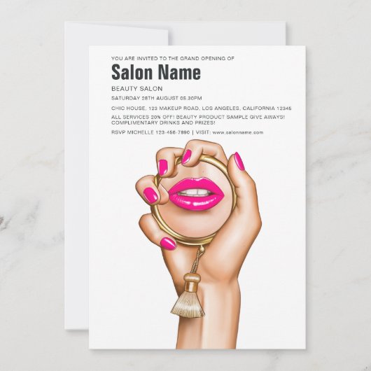 Invitation Salon de beauté chic rose et or Glam Ouverture (Devant)