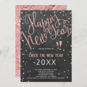 Invitation Saluez le New Year Rose Gold Chalkboard Party