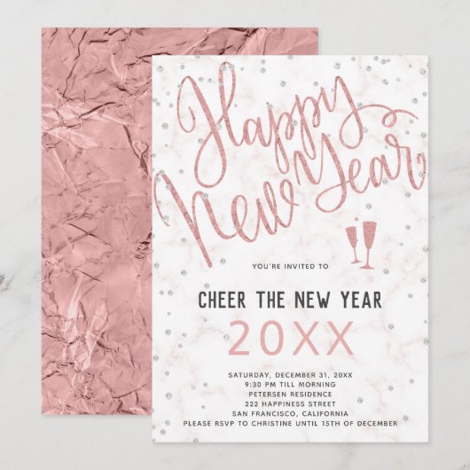 Invitation Saluez le New Year Rose Gold Marble Party (Devant / Derrière)