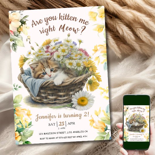 Invitation Salut ! Cute Kitten Floral Kitty Chat 2e anniversa