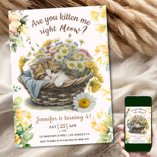 Invitation Salut ! Cute Kitten Floral Kitty Chat 4e anniversa