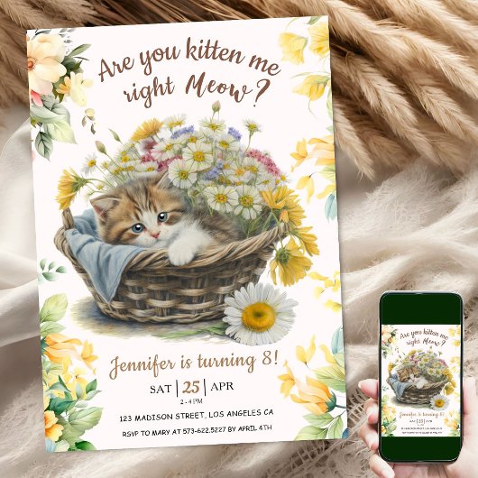 Invitation Salut ! Cute Kitten Floral Kitty Chat 8e anniversa