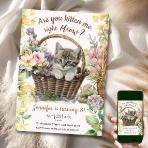 Invitation Salut ! Floral Cute Kitten Girl Chat 8e anniversai