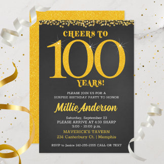 Invitation Salutations à 100 Anniversaire Or Noir Centenaire
