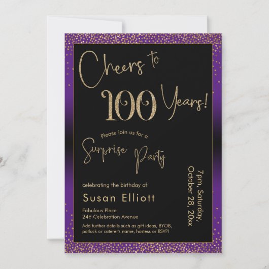 Invitation Salutations à 100 ans Surprise Anniversaire fête v (Devant)