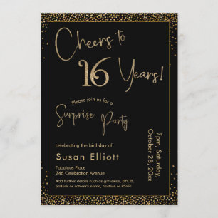 Invitation Salutations à 16 ans Surprise Anniversaire Noir