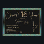 Invitation Salutations à 16 ans Surprise Anniversaire Turquoi<br><div class="desc">En utilisant deux polices distinctives, j'ai créé des graphiques pour votre faire-part et je les ai embelli avec un effet d'or faux-métallique pour une ambiance festive. Bien que chaque partie puisse être déplacée selon vos besoins, l'en-tête se lit comme "Cheers to 16 Years !" et "Surprise Party". ("Surprise" peut être...</div>
