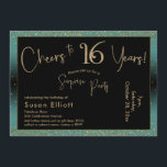 Invitation Salutations à 16 ans Surprise Anniversaire Turquoi<br><div class="desc">En utilisant deux polices distinctives, j'ai créé des graphiques pour votre faire-part et je les ai embelli avec un effet d'or faux-métallique pour une ambiance festive. Bien que chaque partie puisse être déplacée selon vos besoins, l'en-tête se lit comme "Cheers to 16 Years !" et "Surprise Party". ("Surprise" peut être...</div>