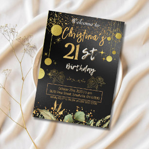 Invitation Salutations à 21 ans ! Elégant anniversaire noir &