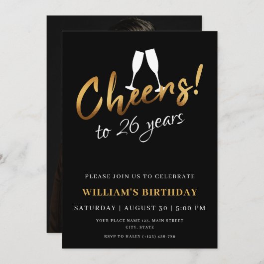 Invitation Salutations à 26 ans d'or Noir Adulte Photo Annive (Devant / Derrière)
