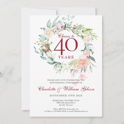 Invitation Salutations à 40 ans 40e anniversaire de Mariage F (Devant)