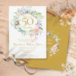 Invitation Salutations à 50 Anniversaire Floral<br><div class="desc">Doté d'une délicate guirlande florale d'aquarelle,  cette invitation chic à l'anniversaire du 50e mariage botanique peut être personnalisée avec vos informations spéciales d'anniversaire. Au verso,  une guirlande fleurie assortie encadre vos dates d'anniversaire dans un texte élégant sur un arrière - plan doré. Conçu par Thisisnotme©</div>