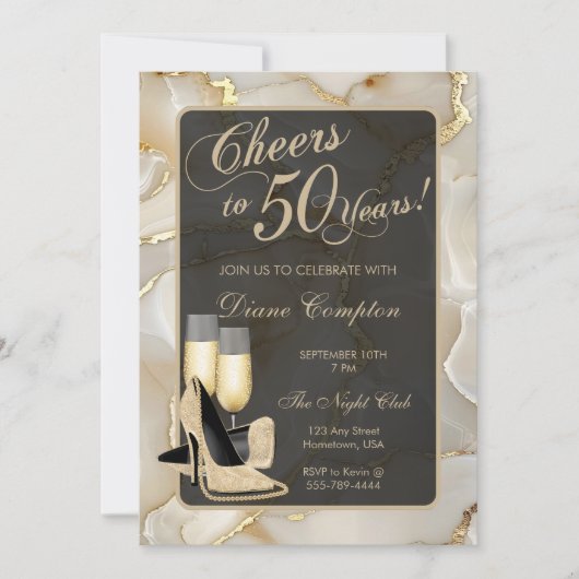 Invitation Salutations à 50 ans Champagne et Black Anniversai (Devant)