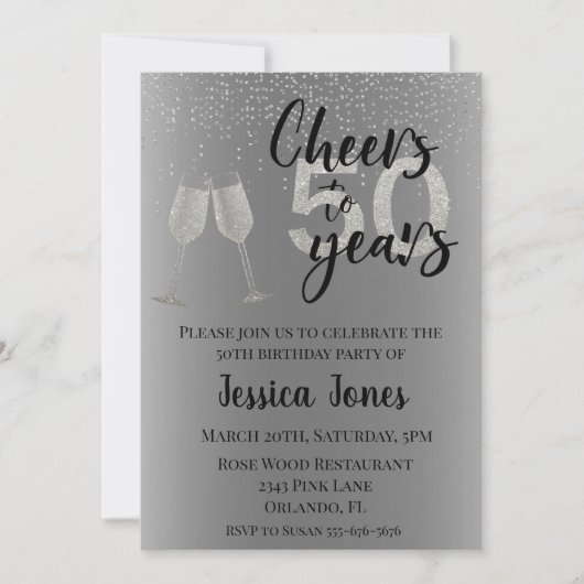Invitation Salutations À 50 Ans Parties scintillant Argent Ch (Devant)