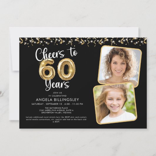 Invitation Salutations à 60 ans 2 Script photo Balloon Confet (Devant)