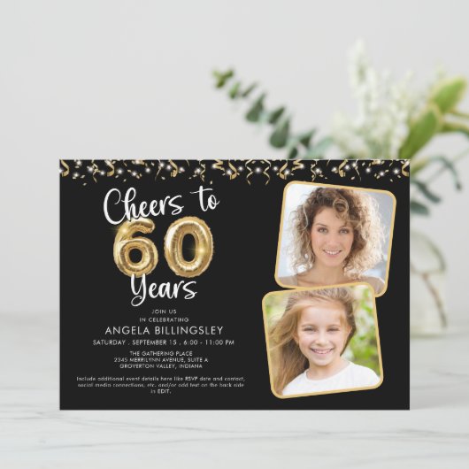 Invitation Salutations à 60 ans 2 Script photo Balloon Confet (Debout devant)