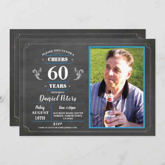 Invitation Salutations à 60 ans Anniversaire Chalk Rustic Pho (Devant / Derrière)