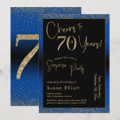 Invitation Salutations à 70 ans Surprise Anniversaire Bleu (Devant / Derrière)