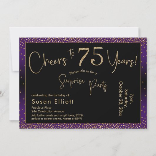 Invitation Salutations à 75 ans Surprise Anniversaire, violet (Devant)