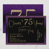 Invitation Salutations à 75 ans Surprise Anniversaire, violet (Devant / Derrière)