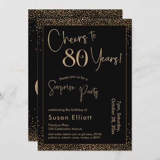 Invitation Salutations à 80 ans Surprise Anniversaire Noir (Devant / Derrière)