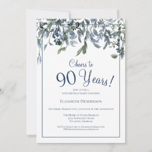 Invitation Salutations à 90 ans Floral bleu