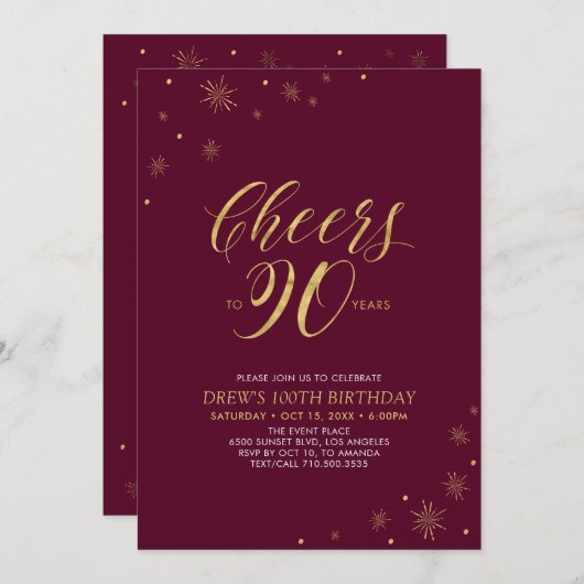 Invitation Salutations à 90 Gold & Burgundy 90th Birthday Par (Devant / Derrière)