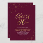 Invitation Salutations à 90 Gold & Burgundy 90th Birthday Par<br><div class="desc">Fêtons votre journée spéciale avec cette élégante invitation à la fête du 90e anniversaire. Ce design présente une typographie dorée chic "Cheers to 90 years" et des éléments dorés avec un arrière - plan rouge bordeaux. Vous pouvez customiser le texte et la couleur arrière - plan. D'autres articles de fête...</div>