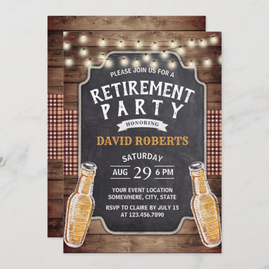 Invitation Salutations à la retraite Rustic Bier Party #2 (Devant / Derrière)