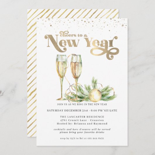 Invitation Salutations à un Nouvel An | Champagne pétillant (Devant / Derrière)
